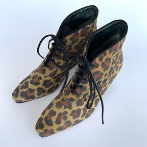 Vintage Leopard Print Suede Lace Up Ankle Booties